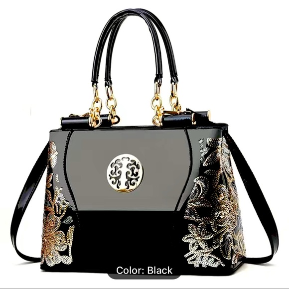 Beautiful NWOT black patent leather handbag with sequin flowers - Picture 1 of 13